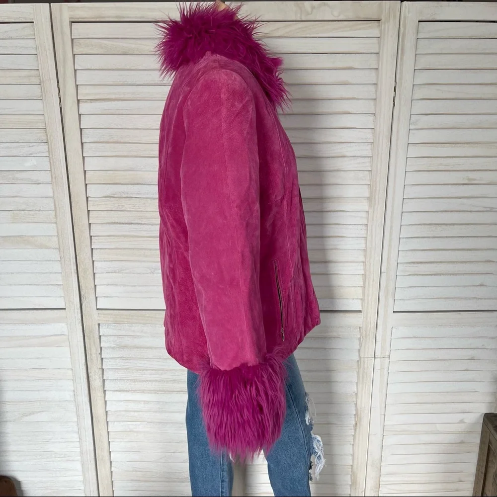 WILSONS LEATHER MAXIMA 90s PINK LEATHER W/ FAUX FUR TRIM COAT - Picture 10 of 14